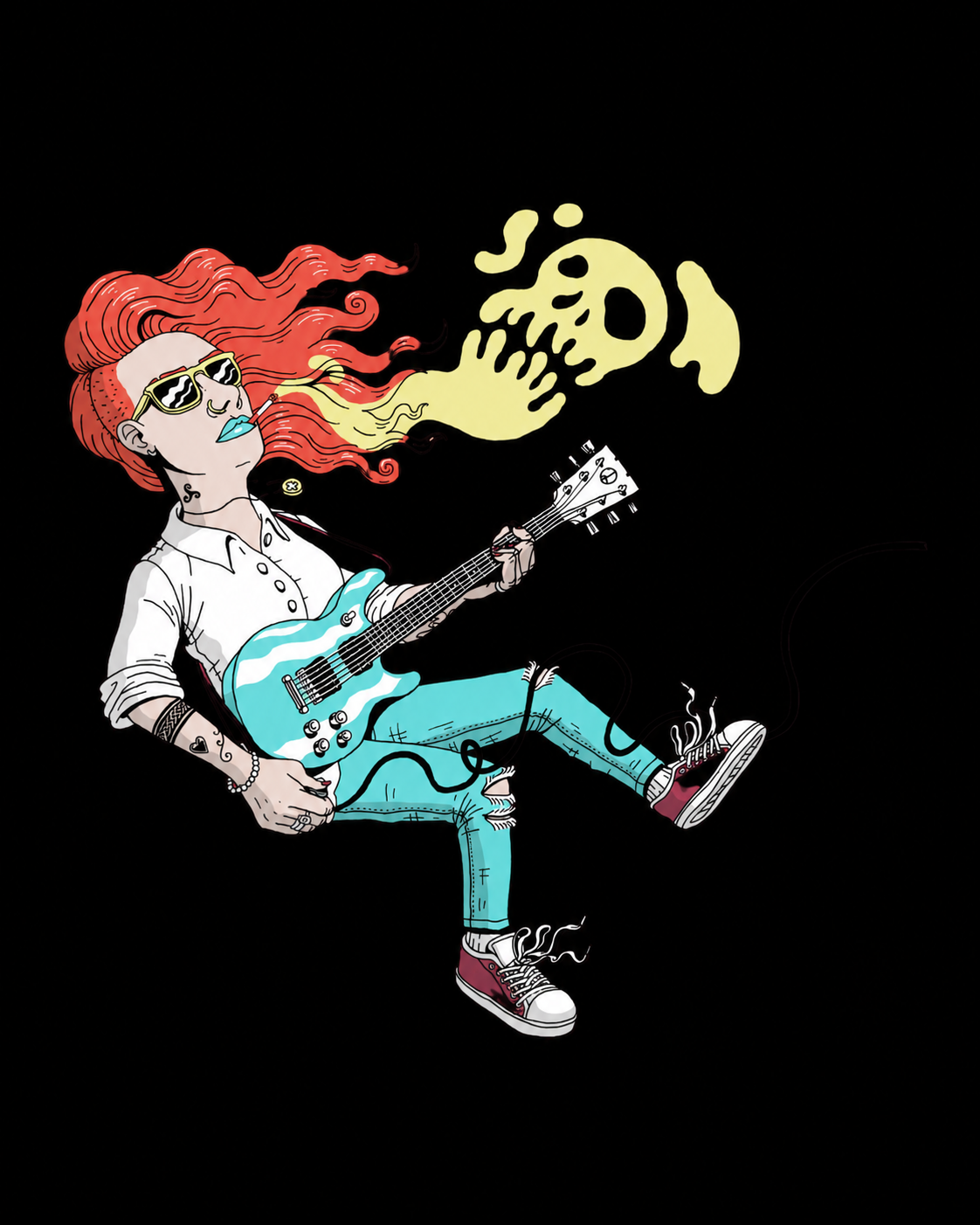 Red-haired guitarist with a turquoise guitar and skull-shaped smoke